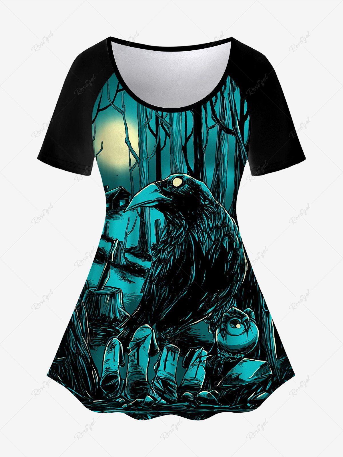 T-shirt Gothique Arbre Lune Aigle Imprimés à Manches Courtes Noir 6X