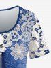 3D Floral Lace Zipper Print T-shirt and 3D Ripped Denim Chain Pockets Print Capri Leggings Plus Size Outfits -  