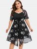 Plus Size Sun Moon Star Printed Lace-up Mesh Dress and Lace Trim Cami Dress Set -  