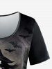 T-shirt D'Halloween Branche de Sorcière Chauve-souris Imprimés à Manches Courtes de Grande Taille - Noir 5X