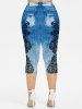 Plus Size 3D Pockets Appliques Denim Print Capri Leggings -  