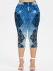 Plus Size 3D Pockets Appliques Denim Print Capri Leggings -  