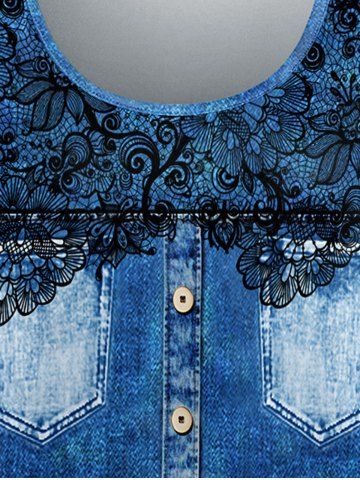 Plus Size 3D Appliques Denim Pockets Buttons Printed T-shirt