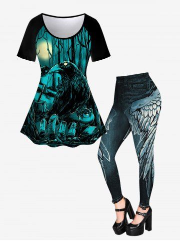 Gothic Eagle Tree Finger Moon Printed Short Sleeves T-shirt and Leggings Outfit - BLACK