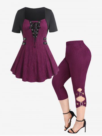 Plus Size Lace Up Buckles Shirred Short Sleeves T-shirt and Buckles Braided Pockets Capri Leggings Outfit