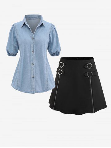 Lapel Buttons Denim Blouse and Zippers Heart-ring Mini A Line Skirt Plus Size Outfits - BLUE