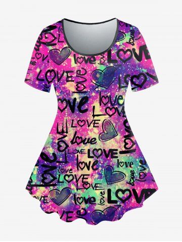 Plus Size Tie Dye Glitter Letter Heart Print T-shirt - PURPLE - S