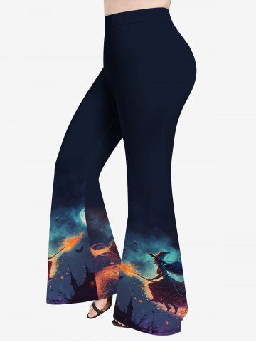 Halloween Plus Size Moon Tree Glitter Hat Girl Print Flare Pants - MULTI-A - 1X