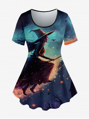 Plus Size Hat Girl Moon Tree House Glitter Print T-shirt - MULTI-A - L