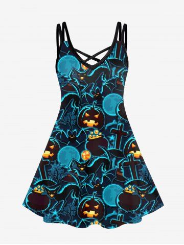 Plus Size Halloween Pumpkin Cat Moon Print Crisscross Dress - BLUE - 6X