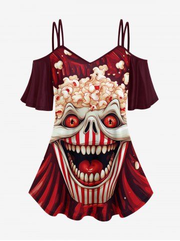 Gothic Clown Popcorn Print Cold Shoulder Cami T-shirt - RED - XS