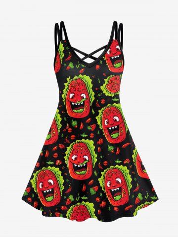 Gothic Cartoon Vegetable Cute Print Crisscross Strappy Cami Dress - RED - 1X