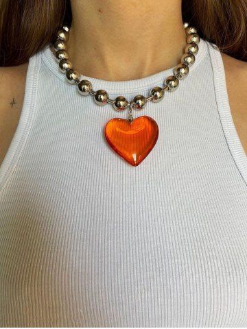 Vintage Faux Crystal Love Heart Beaded Pendant Necklace - RED