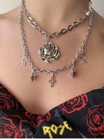 Rose Cross Pendant Layered Necklace - SILVER