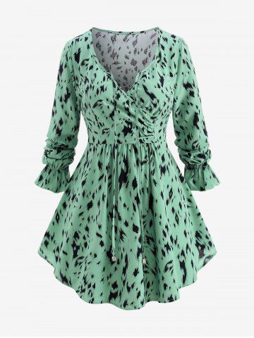 Plus Size Leopard Print Surplice Ruched Tie Poet Sleeves Blouse - GREEN - 1X | US 14-16