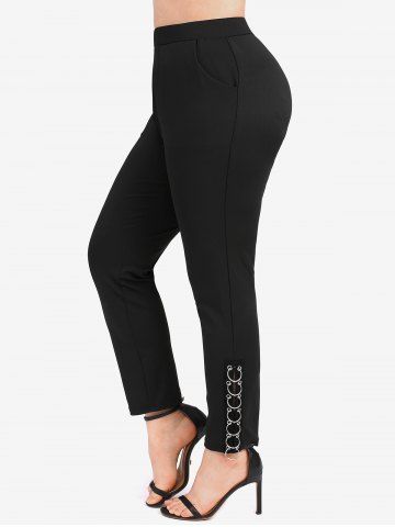 Plus Size O-Ring Tied Side Split Pocket Solid Color Pull On Pants - BLACK - 2X | US 18-20