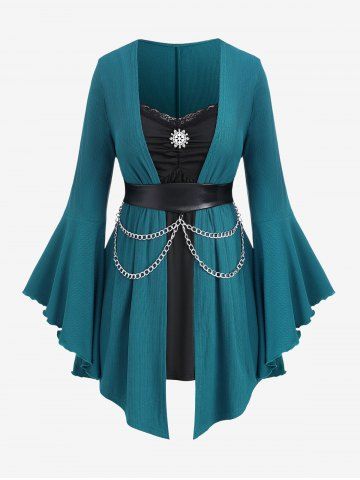 Plus Size Cinched Rhinestone Flower Decor Chain Belted Textured Bell Sleeves T-shirt - DEEP GREEN - L | US 12