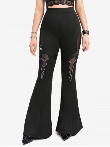 Gothic Mesh Panel Layered Chain Buckle Flare Pants - BLACK - S | US 8