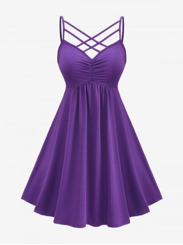 Plus Size Gothic Crisscross Ruched Cami Dress and Lace-up Floral Lace Hooded Cover Set