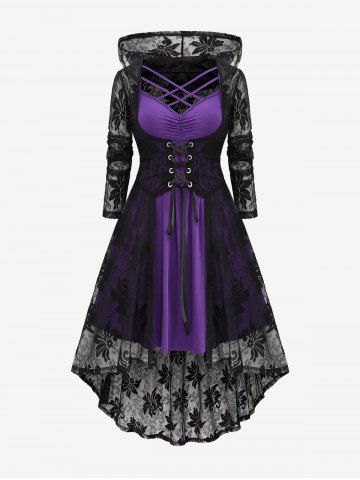 Plus Size Gothic Crisscross Ruched Cami Dress and Lace-up Floral Lace Hooded Cover Set