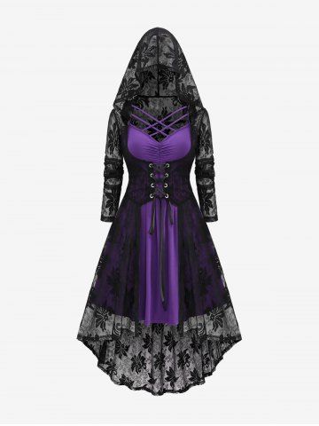 Plus Size Crisscross Ruched Cami Dress and Lace-up Floral Lace Hooded Cover Set - Purple - 2x | Us 18-20