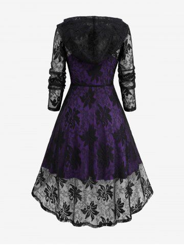 Plus Size Gothic Crisscross Ruched Cami Dress and Lace-up Floral Lace Hooded Cover Set