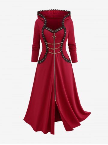 Plus Size Pentagram Zipper Lace Trim Grommets Hooded Coat - RED - M | US 10