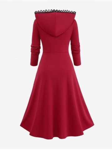 Plus Size Pentagram Zipper Lace Trim Grommets Hooded Coat