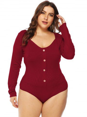 Plus Size Ribbed Button Solid Color Romper - DEEP RED - XL