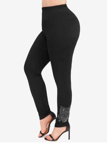 Plus Size Glitter Rhinestones Owl Leggings - BLACK - M | US 10