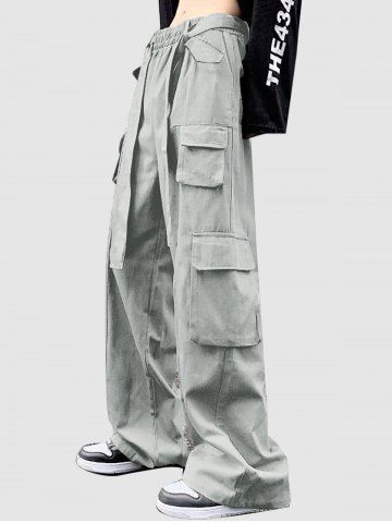 Solid Color Belted Straight Leg Cargo Pants - LIGHT GRAY - S