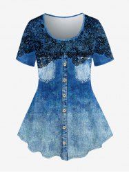 Plus Size 3D Appliques Denim Pockets Buttons Printed T-shirt -  