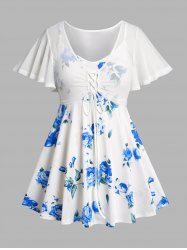 Plus Size Flower Print Spaghetti Strap Top and Sheer Lace Up Bolero Shrug Cardigan Outfit -  