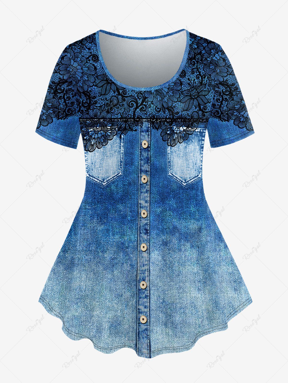 T-shirt 3D Applique Imprimé avec Poche en Denim de Grande Taille Bleu 6X