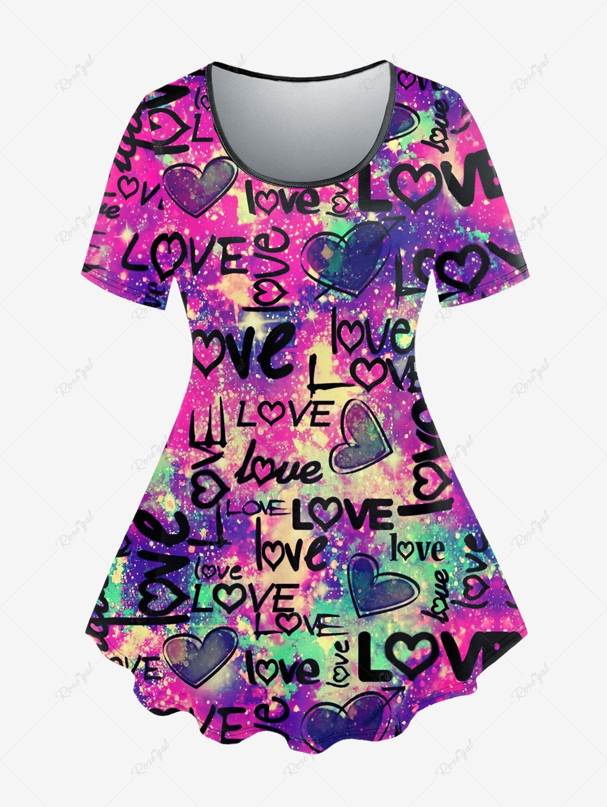 Online Plus Size Tie Dye Glitter Letter Heart Print T-shirt  
