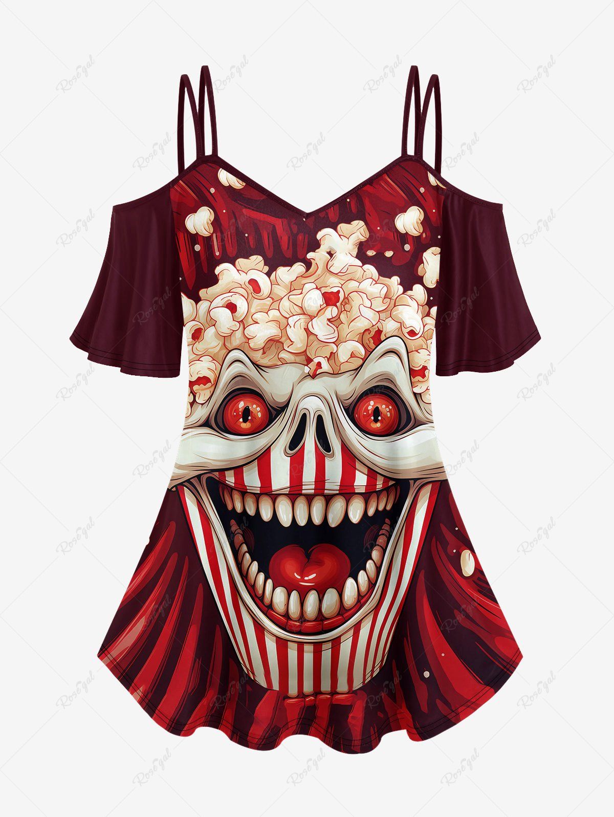 T-shirt à Bretelle Gothique Clown Popcorn Imprimé à Epaule Dénudée Rouge 3X