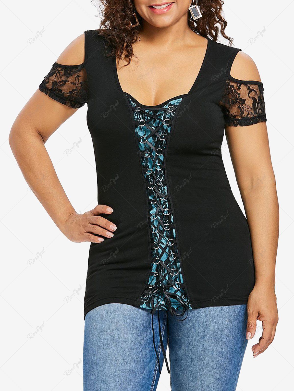 Online Plus Size Lace-up Could Shoulder Floral Lace T-shirt  