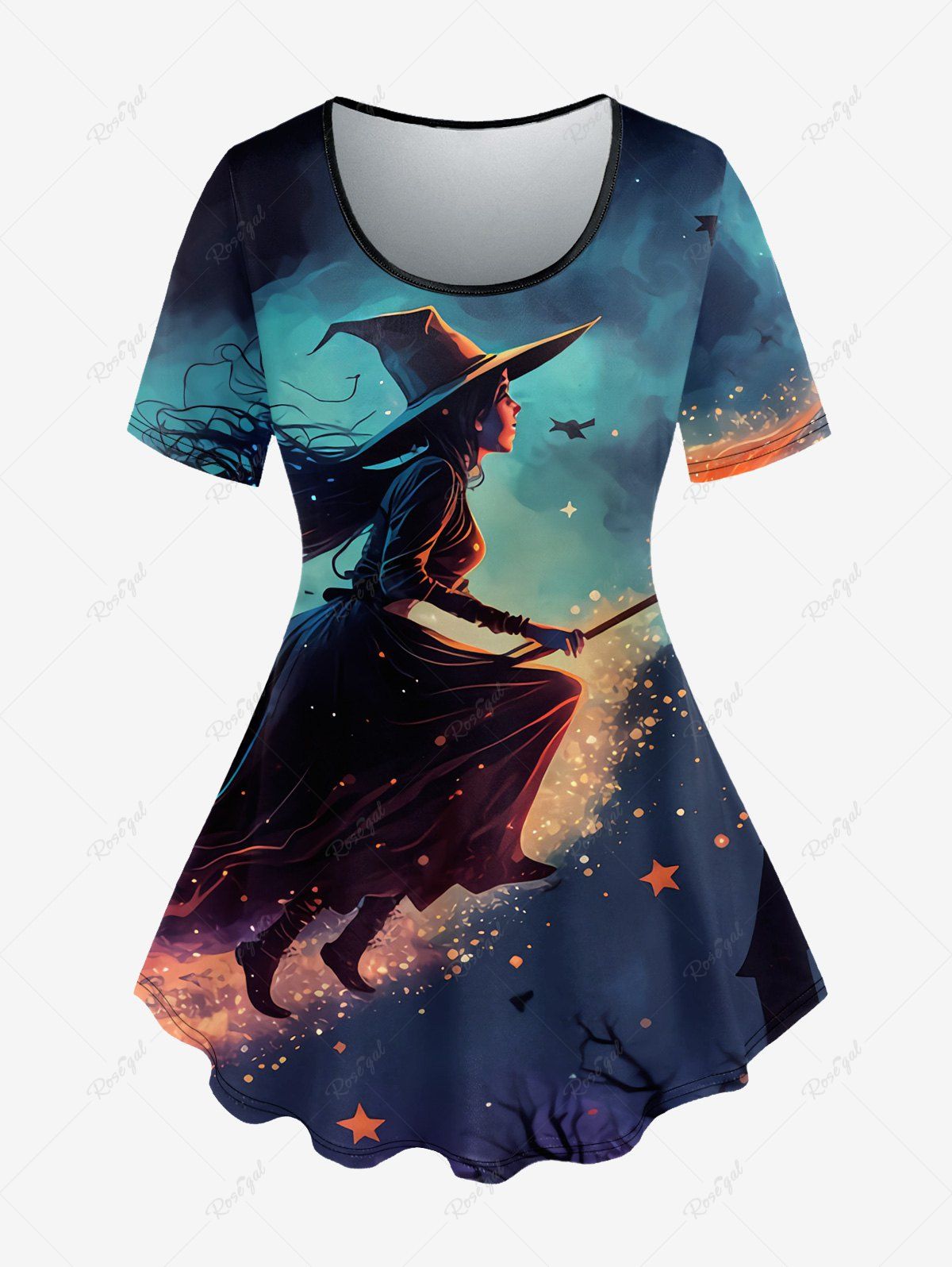 Fashion Plus Size Hat Girl Moon Tree House Glitter Print T-shirt  