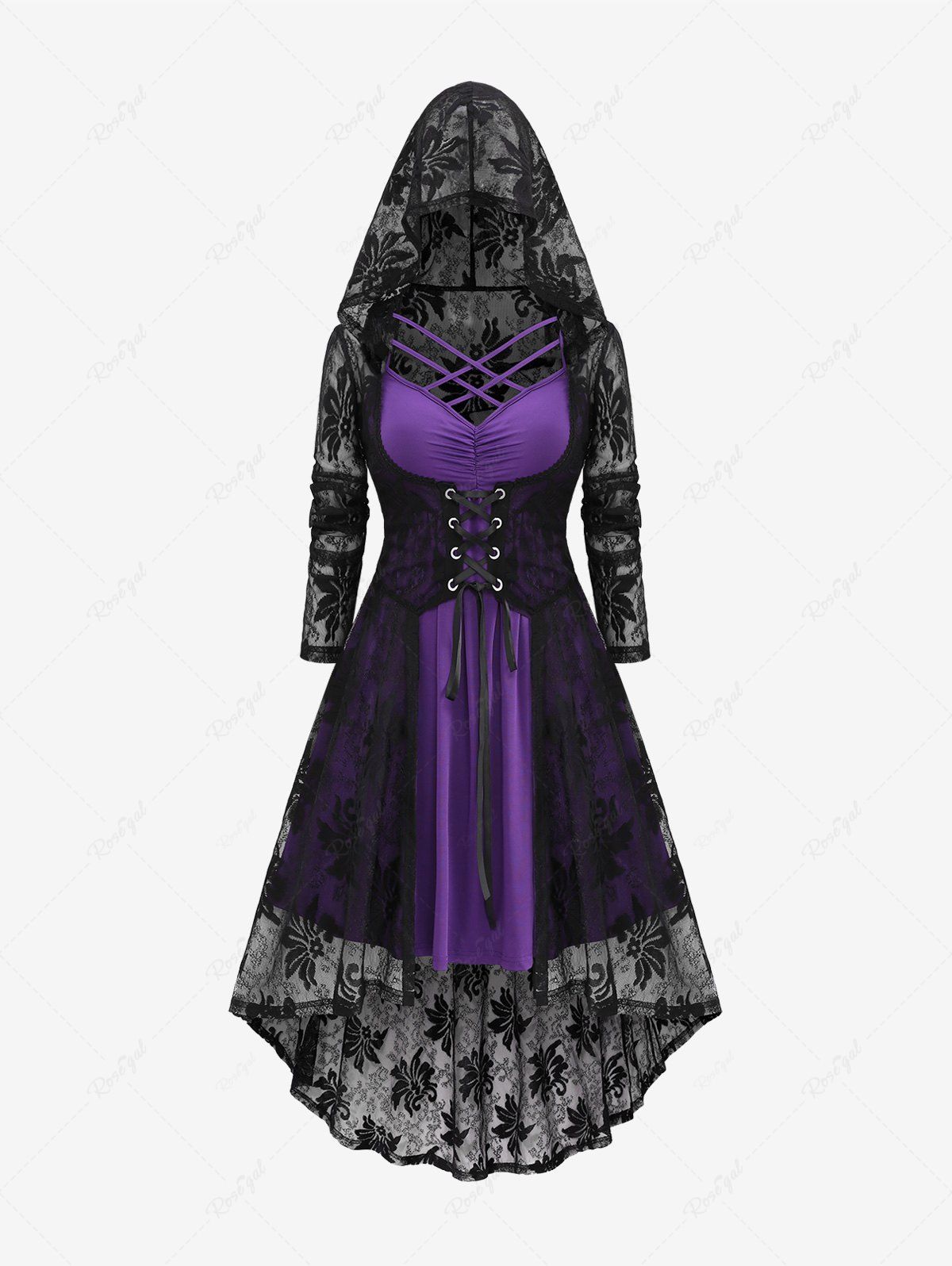 Plus Size Crisscross Ruched Cami Dress and Lace-up Floral Lace Hooded Cover Set Pourpre  3X | US 22-24