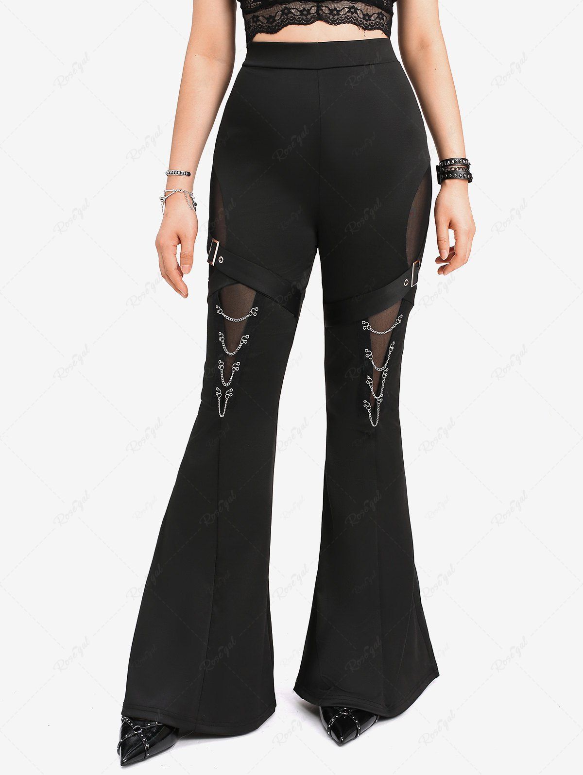 Unique Gothic Mesh Panel Layered Chain Buckle Flare Pants  