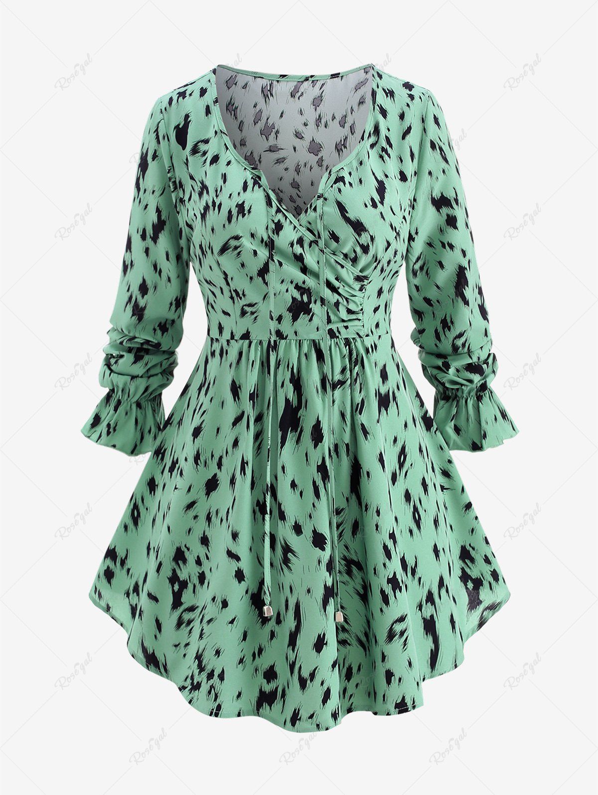New Plus Size Leopard Print Surplice Ruched Tie Poet Sleeves Blouse  