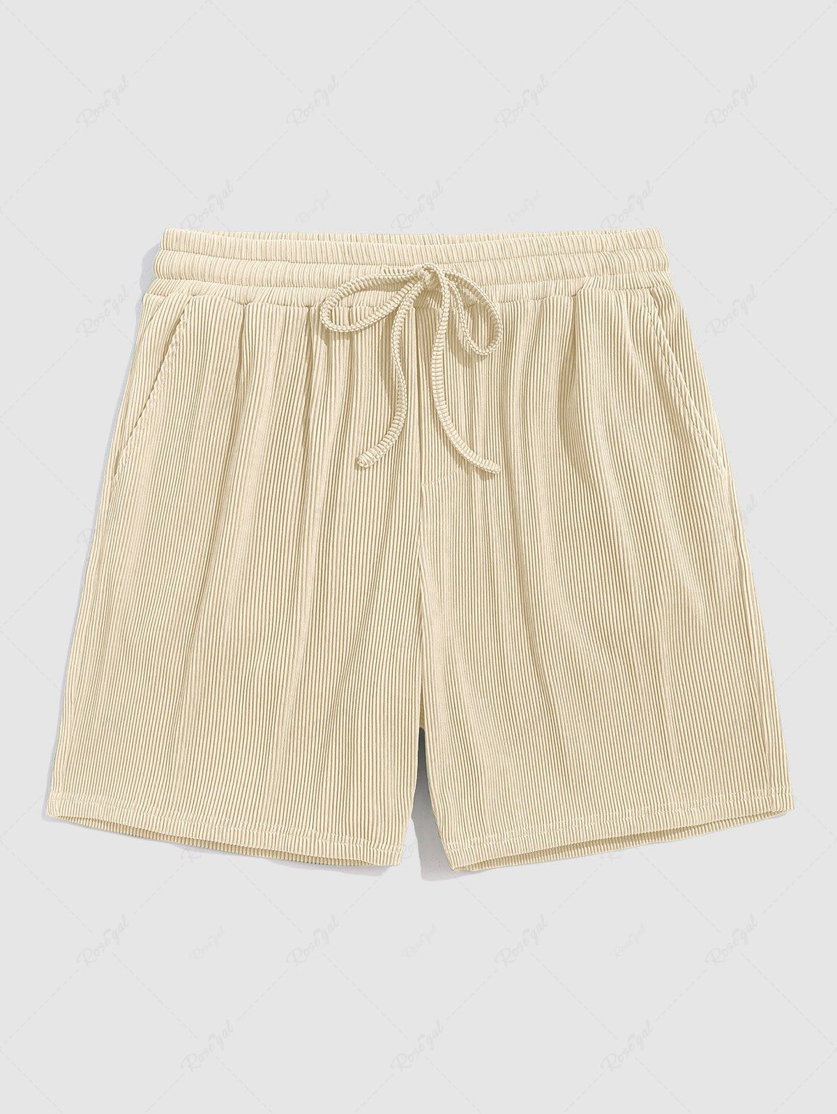 New Men's Solid Color Ribbed Textured Drawstring Bermuda Shorts  