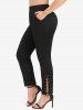 Plus Size O-Ring Tied Side Split Pocket Solid Color Pull On Pants -  