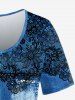 Plus Size 3D Appliques Denim Pockets Buttons Printed T-shirt -  