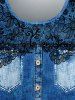 Plus Size 3D Appliques Denim Pockets Buttons Printed T-shirt -  