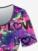 Plus Size Tie Dye Glitter Letter Heart Print T-shirt -  
