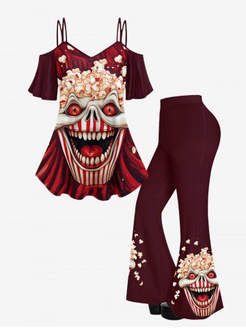 Gothic Clown Popcorn Printed Cold Shoulder Cami T-shirt and Flare Pants Outfit - DEEP RED