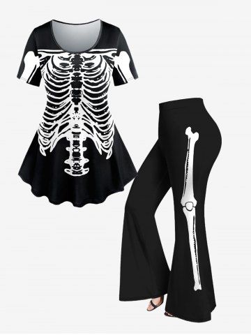Halloween Costume Skeleton Printed T-shirt and Flare Pants Plus Size Matching Set - BLACK