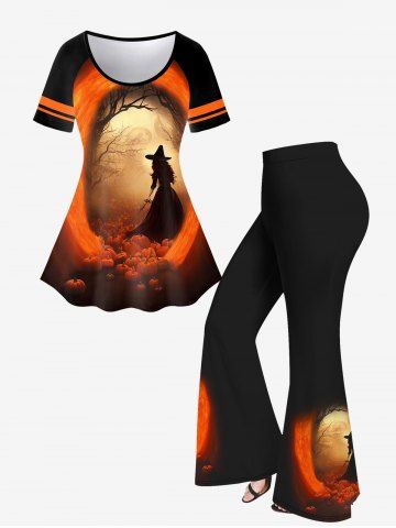 Halloween Costume Pumpkin Witch Tree Ghost Print T-shirt and Flare Pants Plus Size Outfits - Orange