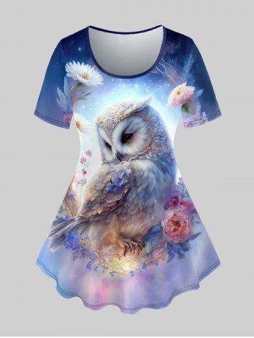 Plus Size Galaxy Flower Wreath Owl Print T-shirt - DEEP BLUE - L